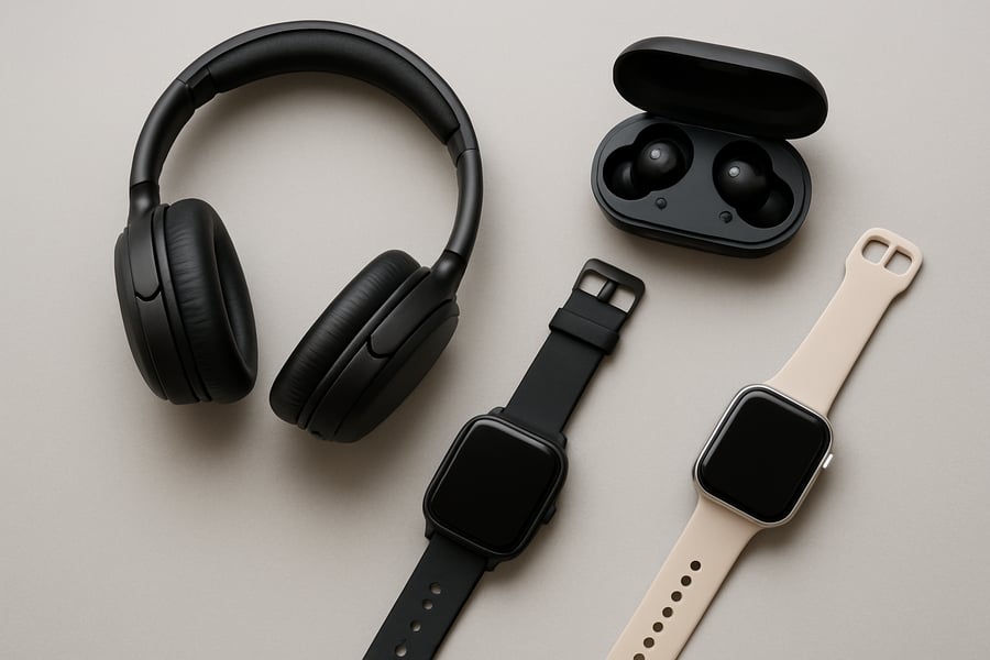 Selection of headphones, earbuds, and smartwatches