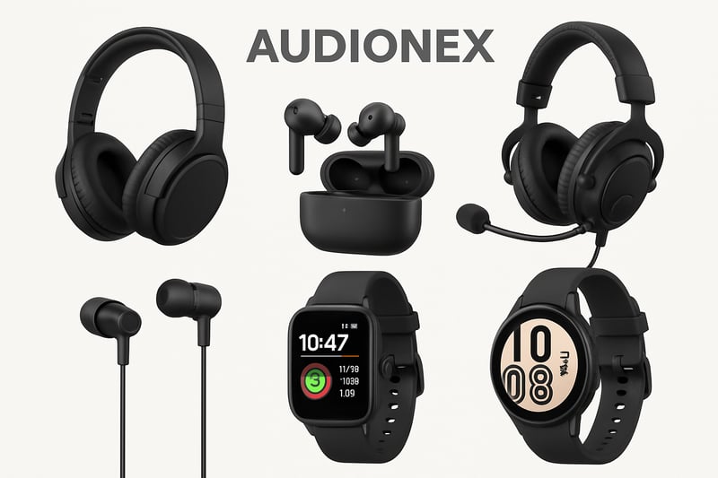 Selection of headphones, earbuds, headsets, and smartwatches available at Audionex
